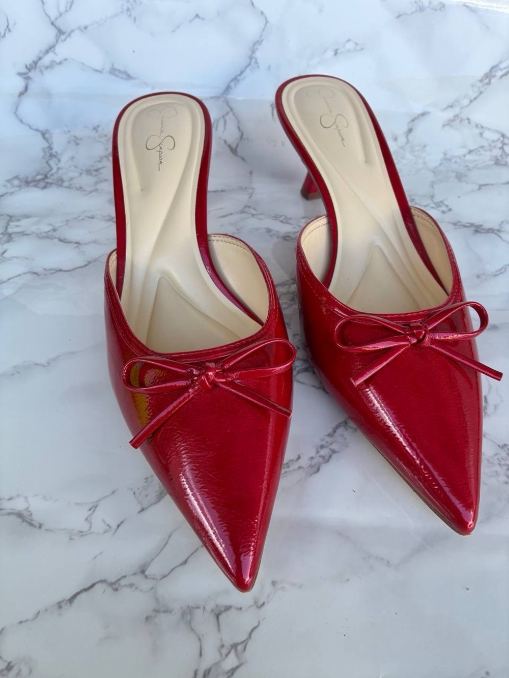 Women’s Jessica Simpson JP-Ruelynn Red Muse Patent Pointed Bow Mules US Size 9M